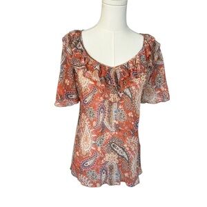 Sundance Ruffle Silk Paisley Pattern Short Sleeve Blouse Top Size XS Boho
